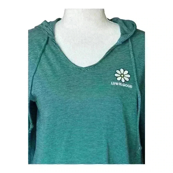 LIFE IS GOOD NWT DAISY LONG SLEEVE CRUSHER-LITE STRIPED HOODED TEE TEAL SMALL - Picture 2 of 9